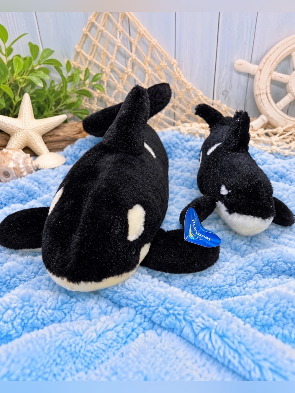 SeaWorld Shamu Killer Whale Plush 16” 2013 Orca + Kellytoy Baby 10” Lot